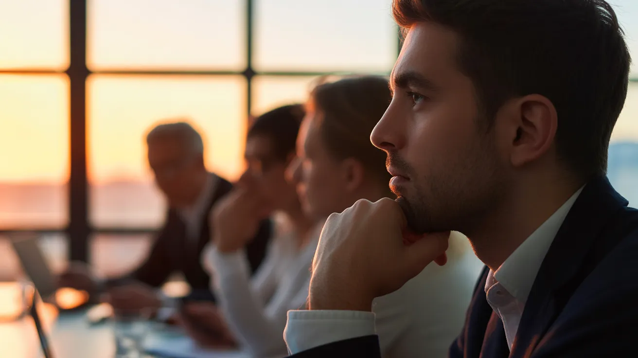 A close-up profile of a person in a meeting room, listening intently, with the warm light of sunset coming through a window.