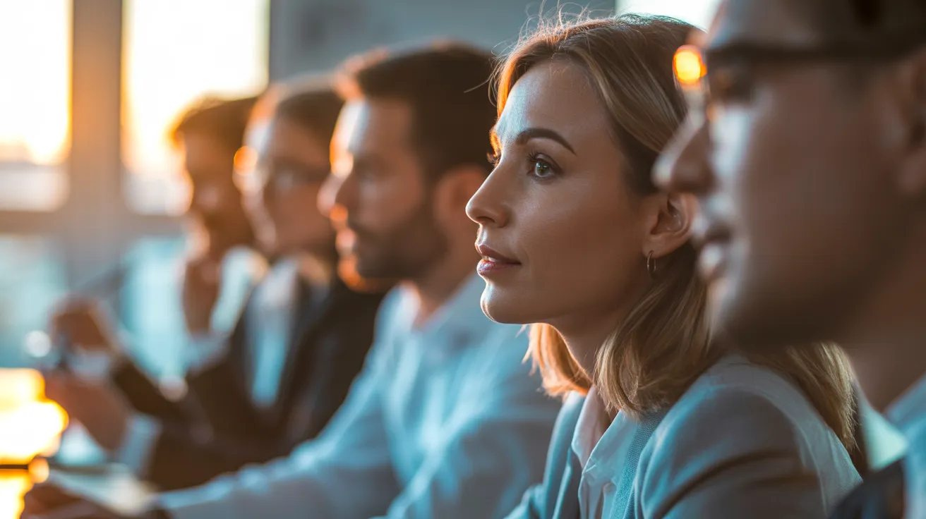 A professional woman listens with an engaged expression during a team meeting, illuminated by the warm light of the setting sun.