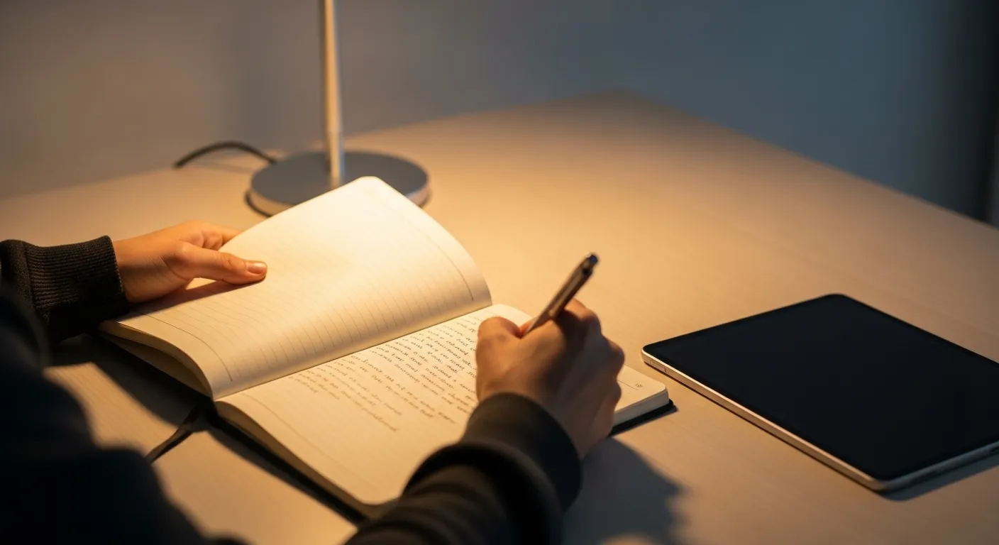 A person's hands hold a pen over an open notebook on a tidy desk illuminated by a soft lamp.