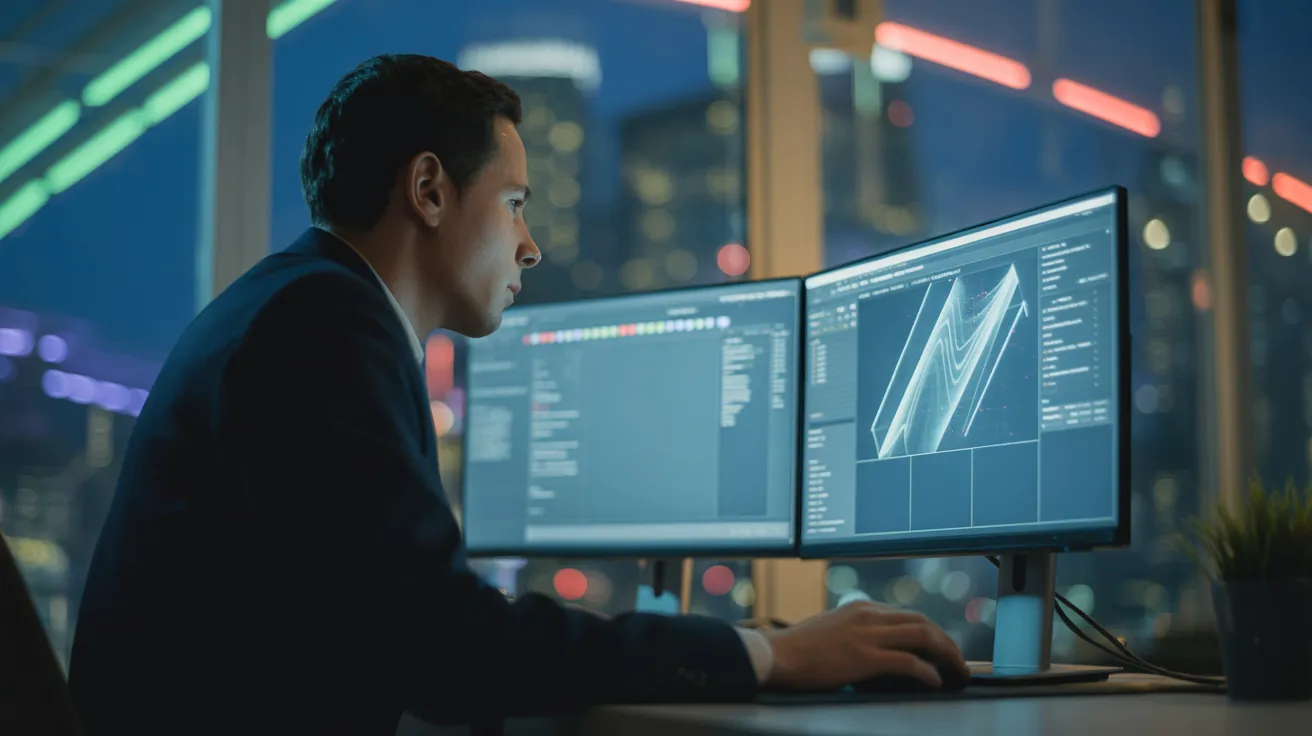 A person at a desk with two computer monitors in a city office at night, viewed from a low angle. Neon city lights reflect on the surfaces.