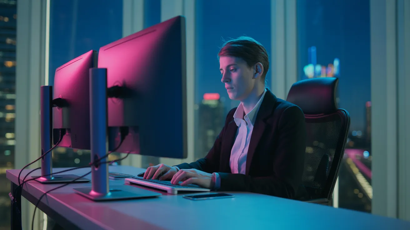 A person works at a dual-monitor computer in a dark office, with neon city lights reflecting on the desk and their face.