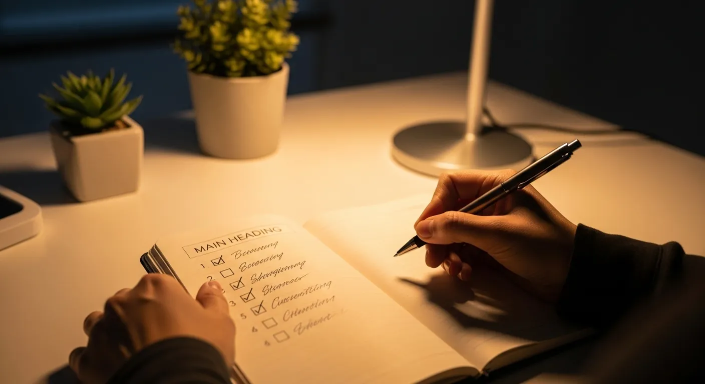 Close-up of hands writing in a planner with a structured, hierarchical layout under warm lamp light.