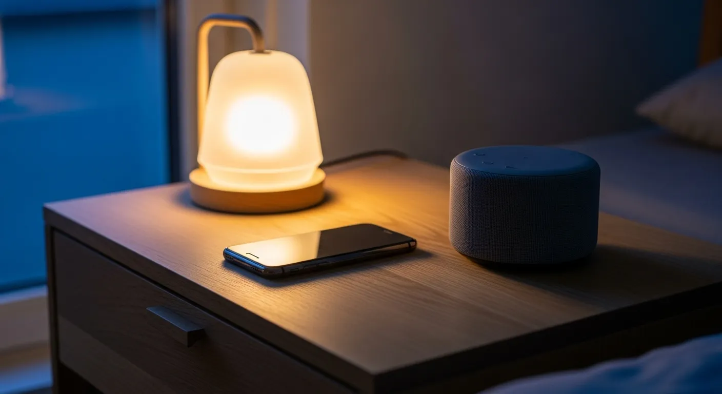 A smartphone is placed face down on a wooden nightstand next to a smart speaker and a warm lamp, suggesting a screen-free evening routine.