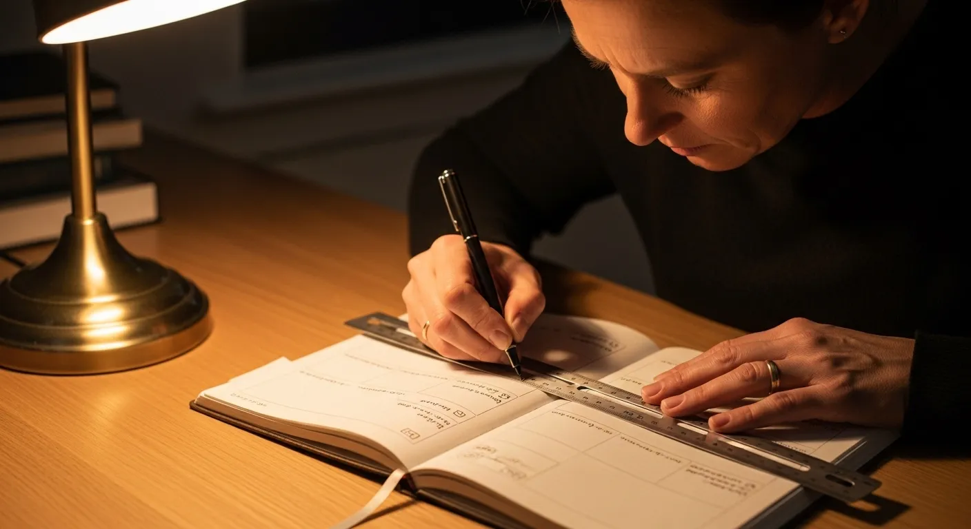 A person's hands carefully draw lines in a paper planner on a wooden desk under the warm light of a lamp.