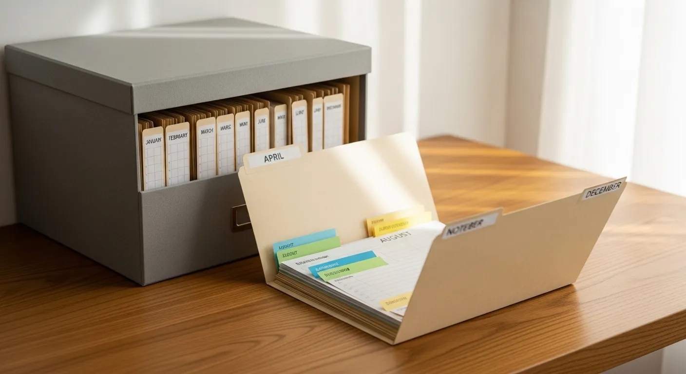 An open archival box on a desk contains neatly organized file folders, with one folder revealing smaller, colored cards inside.