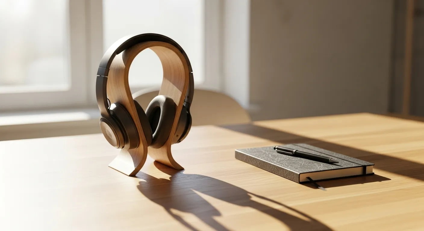 Over-ear headphones on a stand next to a notebook and pen on a clean, sunlit desk, representing a setup for focused work.