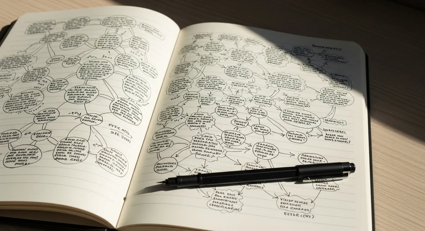 An open notebook on a wooden desk, covered in abstract scribbles and diagrams, representing a brain dump session in the morning light.