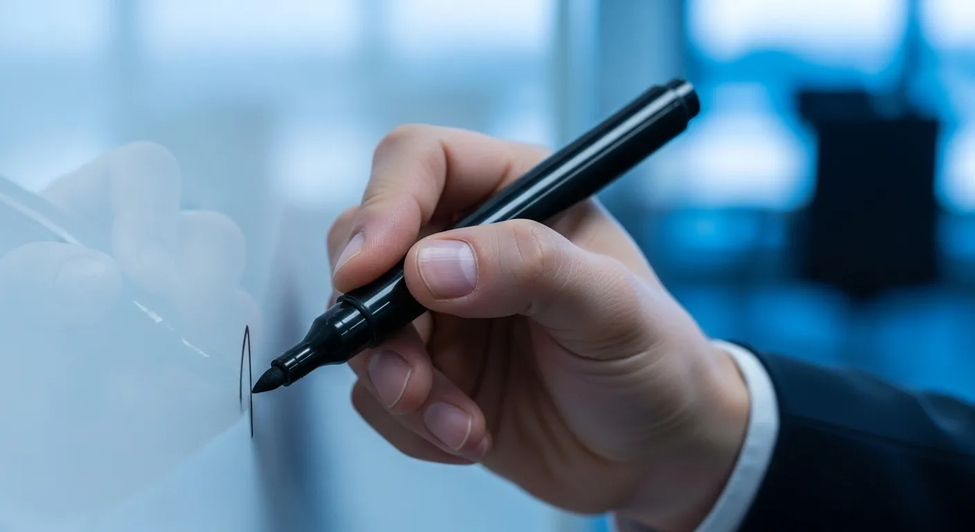 An extreme close-up of a hand writing on a whiteboard with a black marker in an office during blue hour.