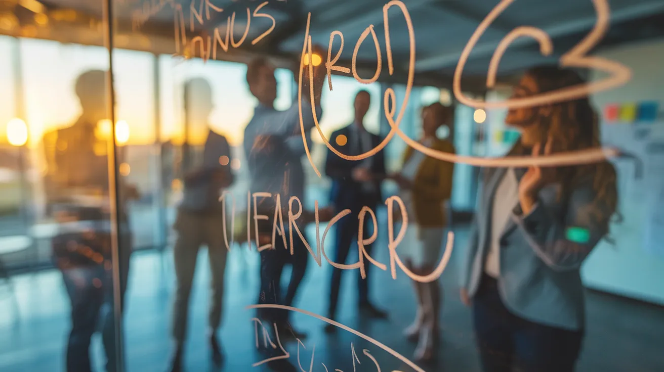 A close-up of a glass whiteboard in a conference room, reflecting a diverse team collaborating during a meeting at sunset.
