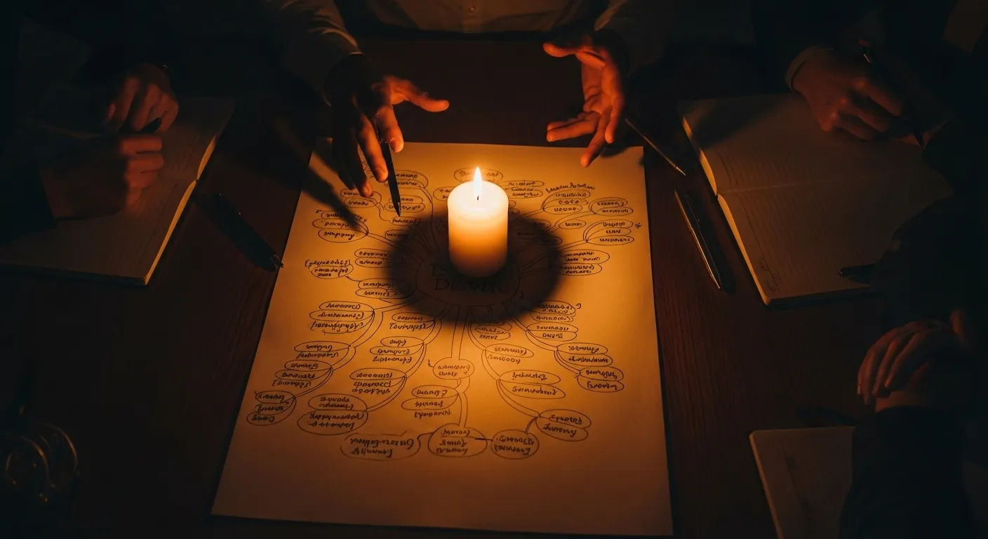 An overhead view of a candlelit meeting, with a pair of hands pointing to a central diagram on a large sheet of paper.