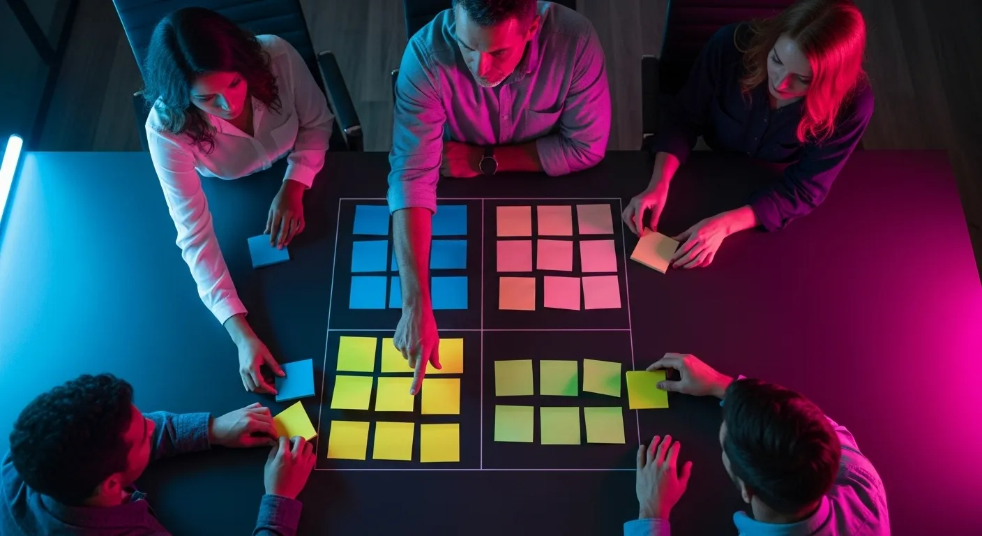 An overhead view of a team at night sorting colorful sticky notes into four sections on a table, illuminated by neon lights from outside.