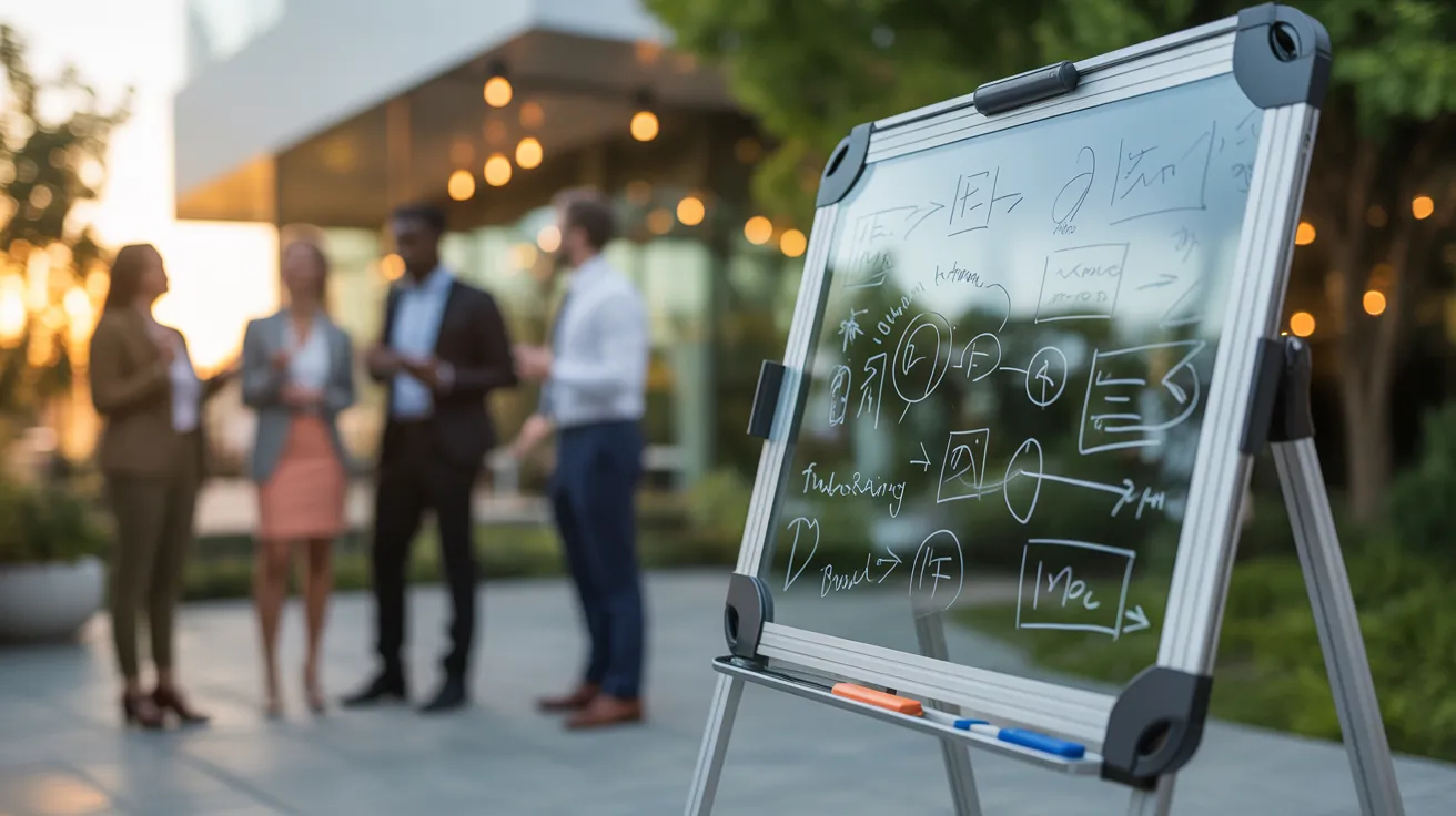 A glass whiteboard with abstract diagrams stands on an outdoor patio at sunset, with a blurred team meeting in the background.