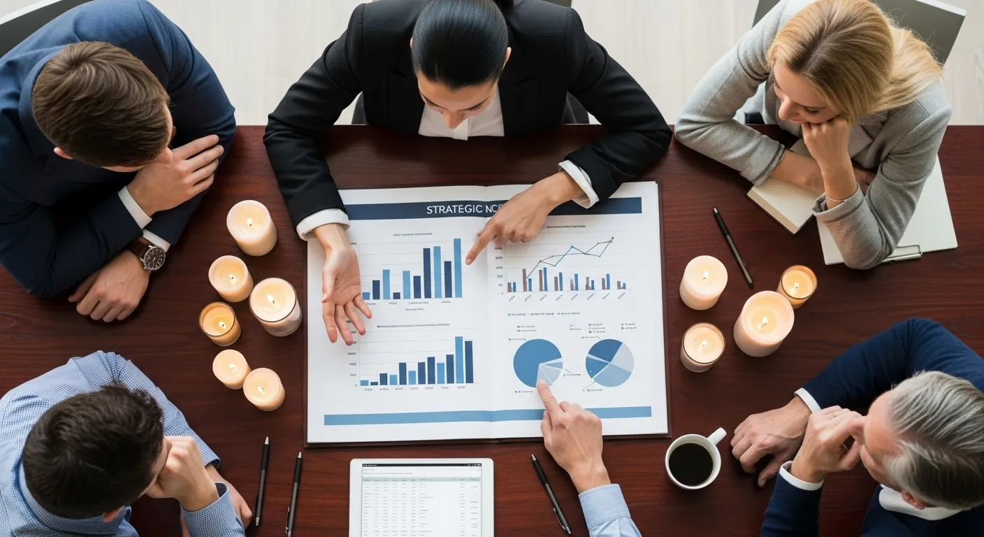A top-down view of a brainstorming session around a document under candlelight, with a leader's hand pointing out a key detail to the team.