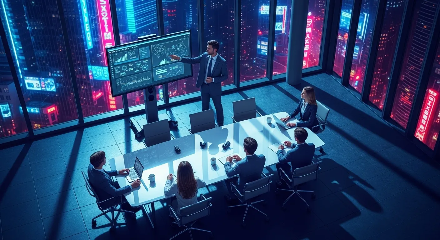 A team leader in a meeting room at night, viewed from above, with colorful city lights reflecting on the table and walls.