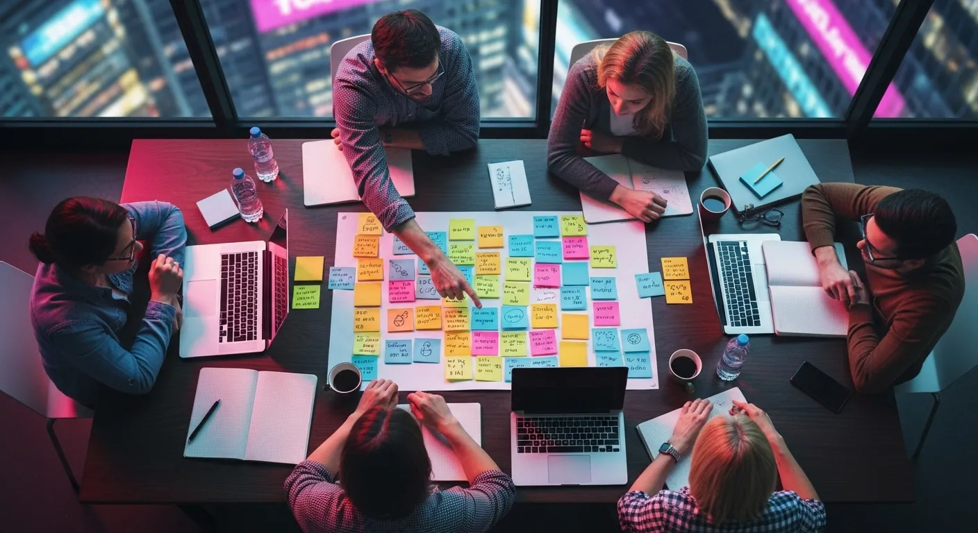 An overhead view of a team meeting at a table under neon light, with a leader pointing to organized sticky notes representing small tasks.