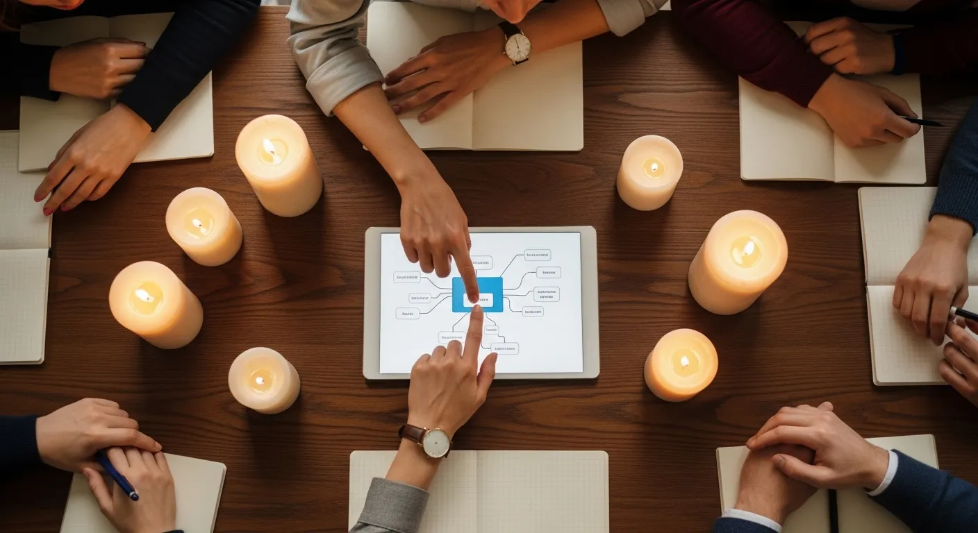 An overhead view of a team brainstorming around a tablet with a mind-map UI in a dimly lit, candlelit room.