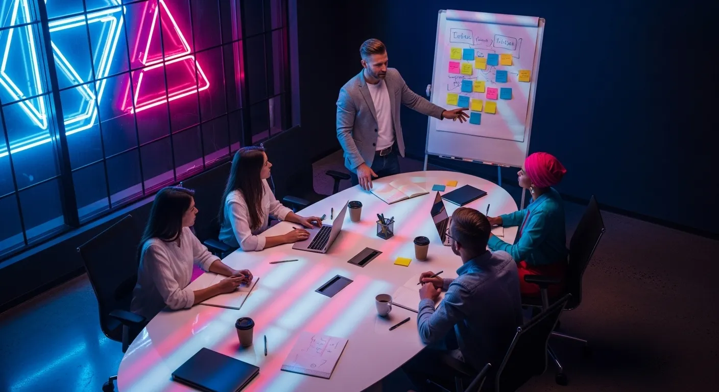 Overhead view of a team brainstorming at night in a dark office, illuminated by colorful neon light from an outside window.