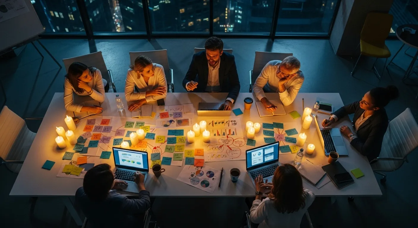 An overhead view of a team working at a large table in a dark room, with papers and candles illuminating the scene.