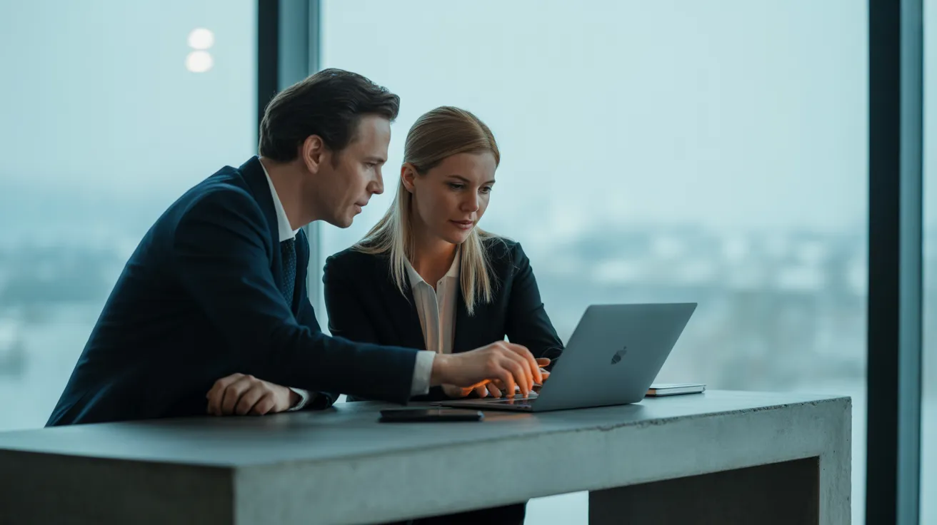 Two professionals in business casual attire actively discuss a project, pointing at a laptop screen showing a blurry graph in a modern office.