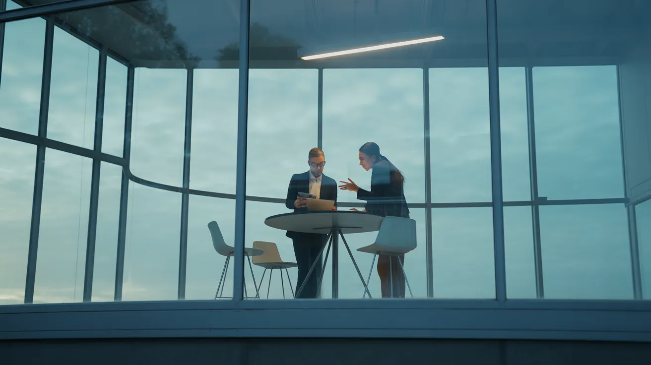 Two professionals collaborating over a tablet, viewed from the exterior through a large window of a contemporary office on an overcast day.