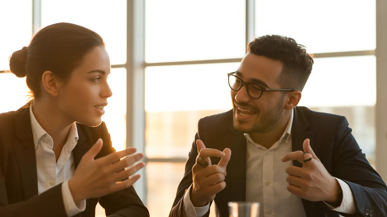 Two colleagues in a sunlit meeting room having an energetic discussion during late afternoon.