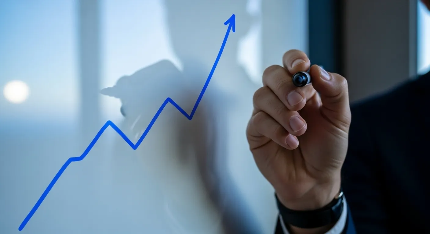 A close-up of a hand drawing a rising line graph on a whiteboard in an office at dusk.