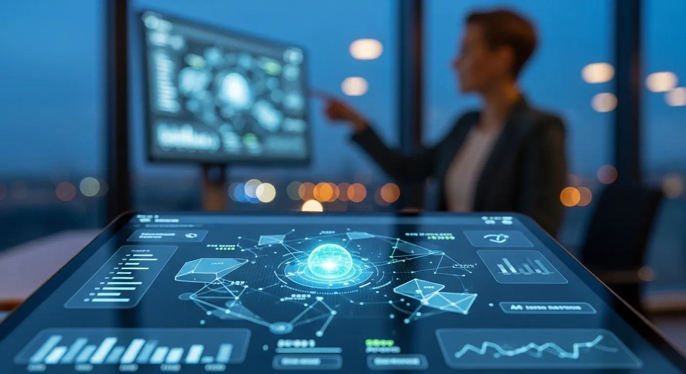 Close-up of a tablet screen showing a graph, with a person presenting out of focus in the background of a dimly lit office.