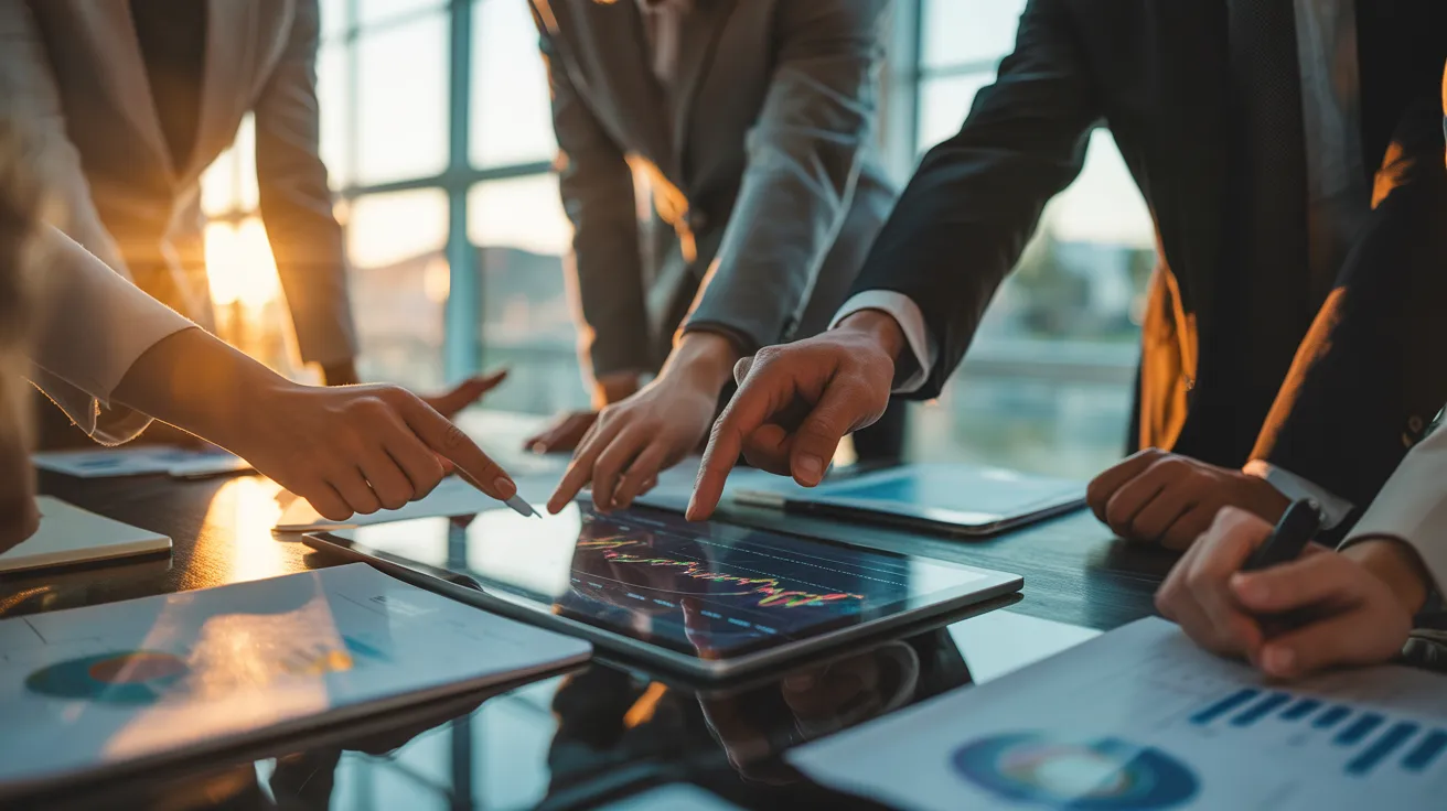 A close-up of hands gesturing around a tablet with a graph on it during a business meeting at sunset.
