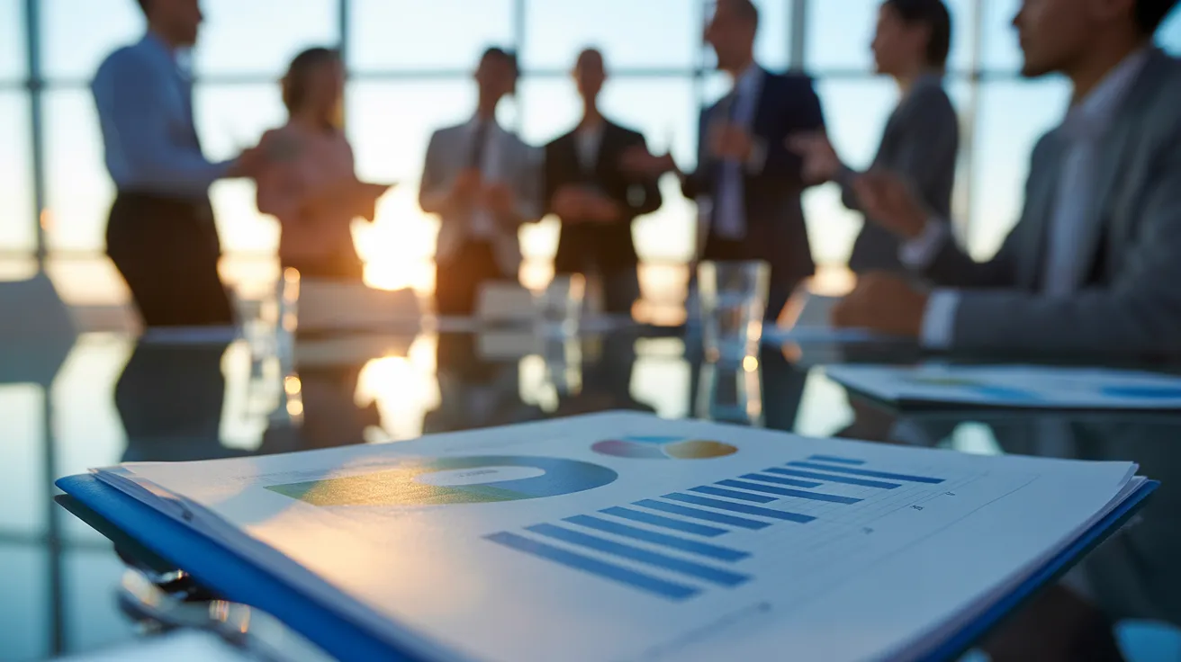 A business report with abstract graphs on a meeting room table, with a diverse team collaborating in the warm, sunlit background.