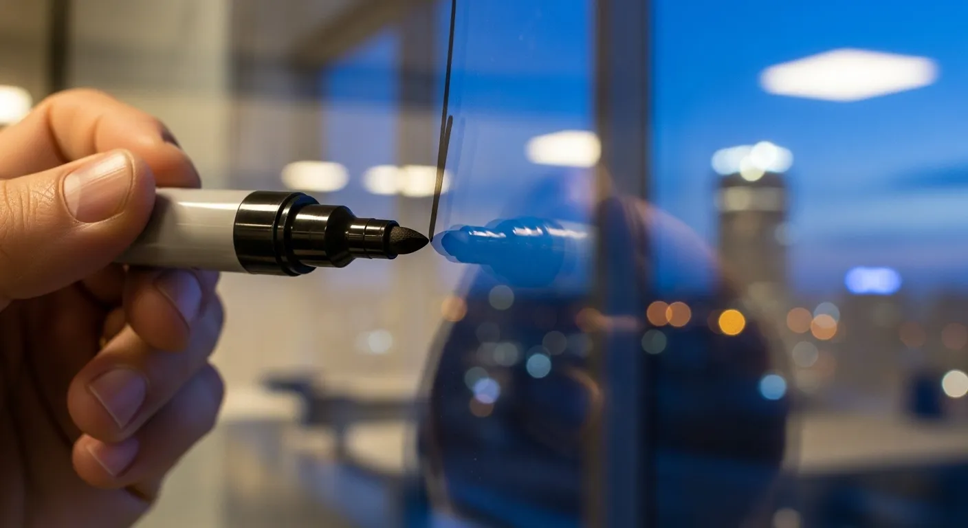 A close-up of a marker tip on a glass whiteboard, reflecting a modern office at twilight.