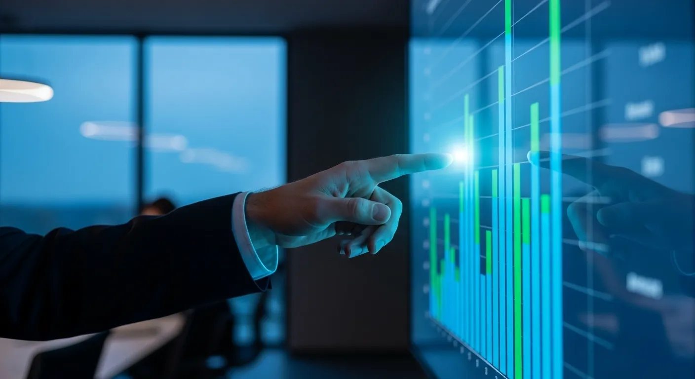A close-up of a hand pointing to a bright data chart on a screen in a dimly lit office at twilight.