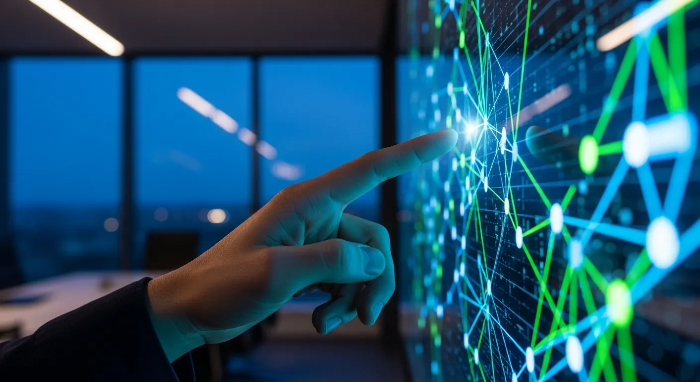 Close-up of a hand pointing at a glowing chart on a screen in a modern office during blue hour.