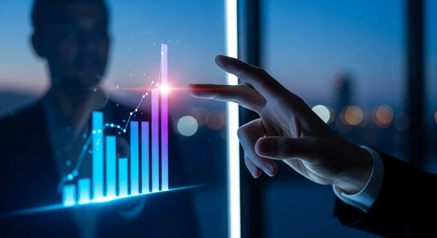 A close-up of a hand pointing to a glowing graph on a screen in a dimly lit office at dusk.