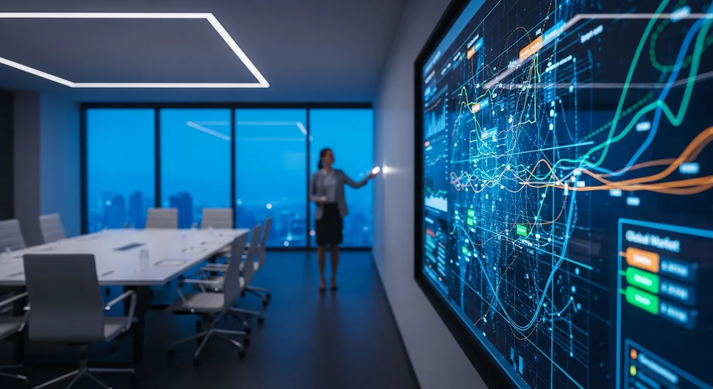 A woman in a modern office at dusk points to a screen, with a macro focus on a detailed graph being presented.