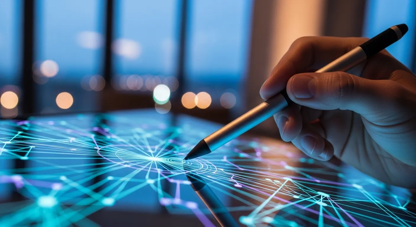 An extreme close-up of a hand holding a stylus to an interactive screen showing a data chart in an office at dusk.