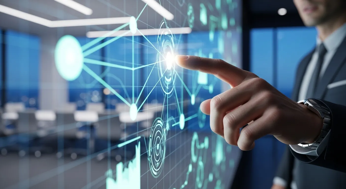 Close-up of a finger on a glowing screen showing a graph, with a presenter and a dark office visible in the background at twilight.