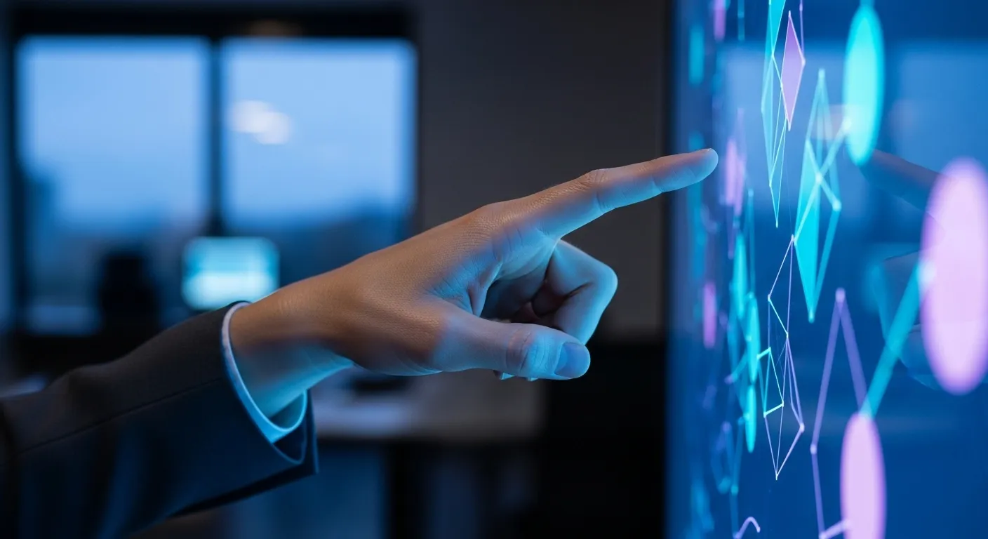 A close-up of a person's hand pointing at a data graph on a screen in a dimly lit office at dusk.