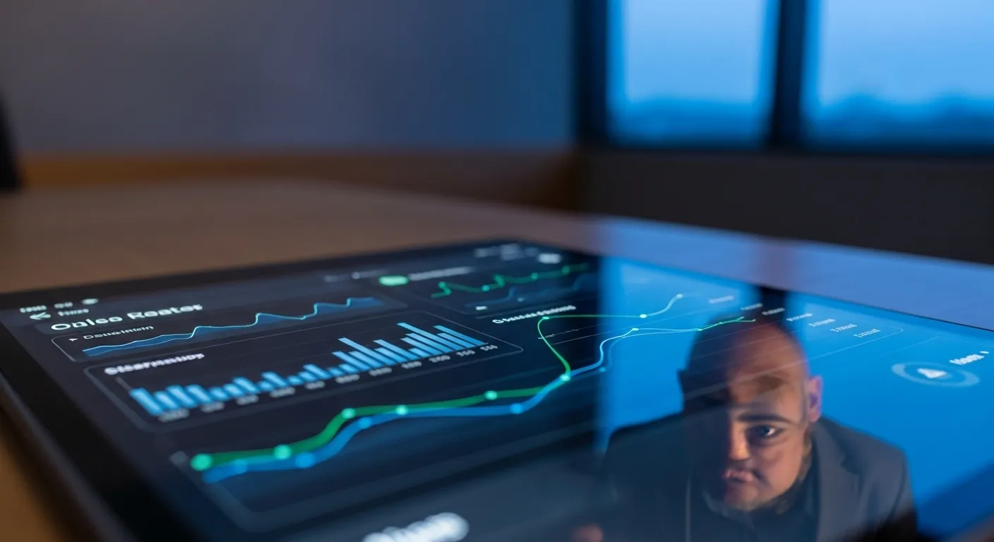 Close-up of a tablet screen showing a financial graph, with the faint reflection of a person presenting in an office at dusk.