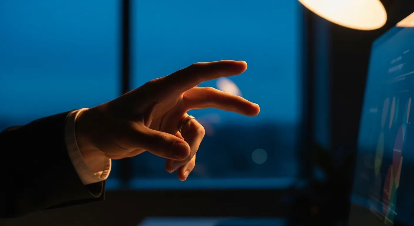 An extreme close-up of a hand pointing towards a glowing, out-of-focus screen during twilight in an office.