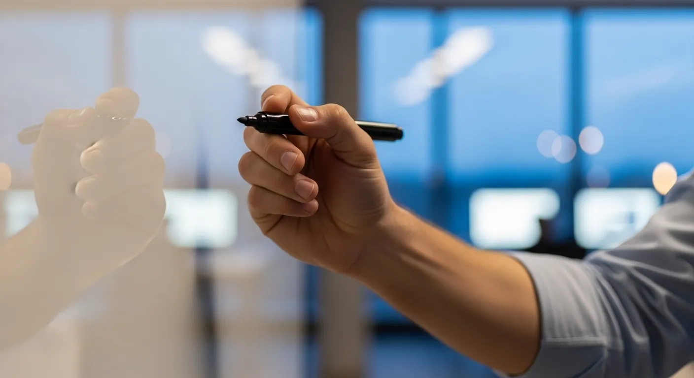 A close-up of a hand holding a marker in front of a whiteboard in a modern office at dusk, suggesting a focused presentation.