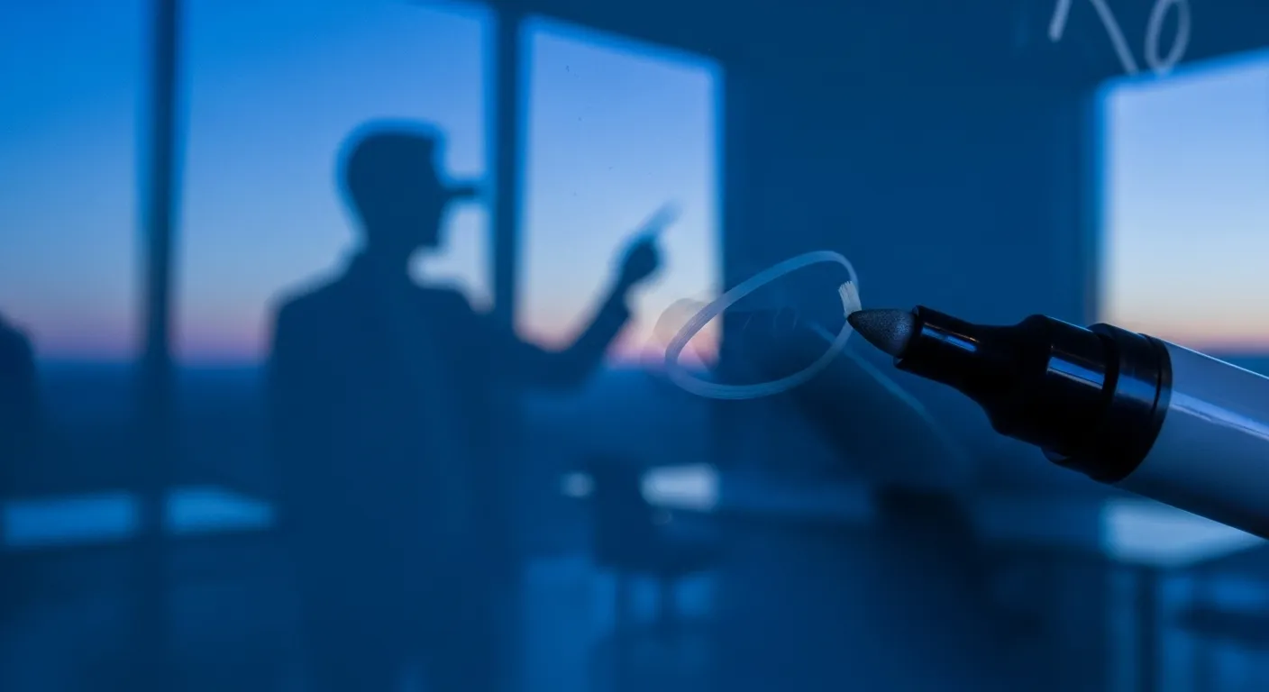 Extreme close-up of a marker tip on a glass whiteboard, reflecting a person presenting in an office during blue hour.