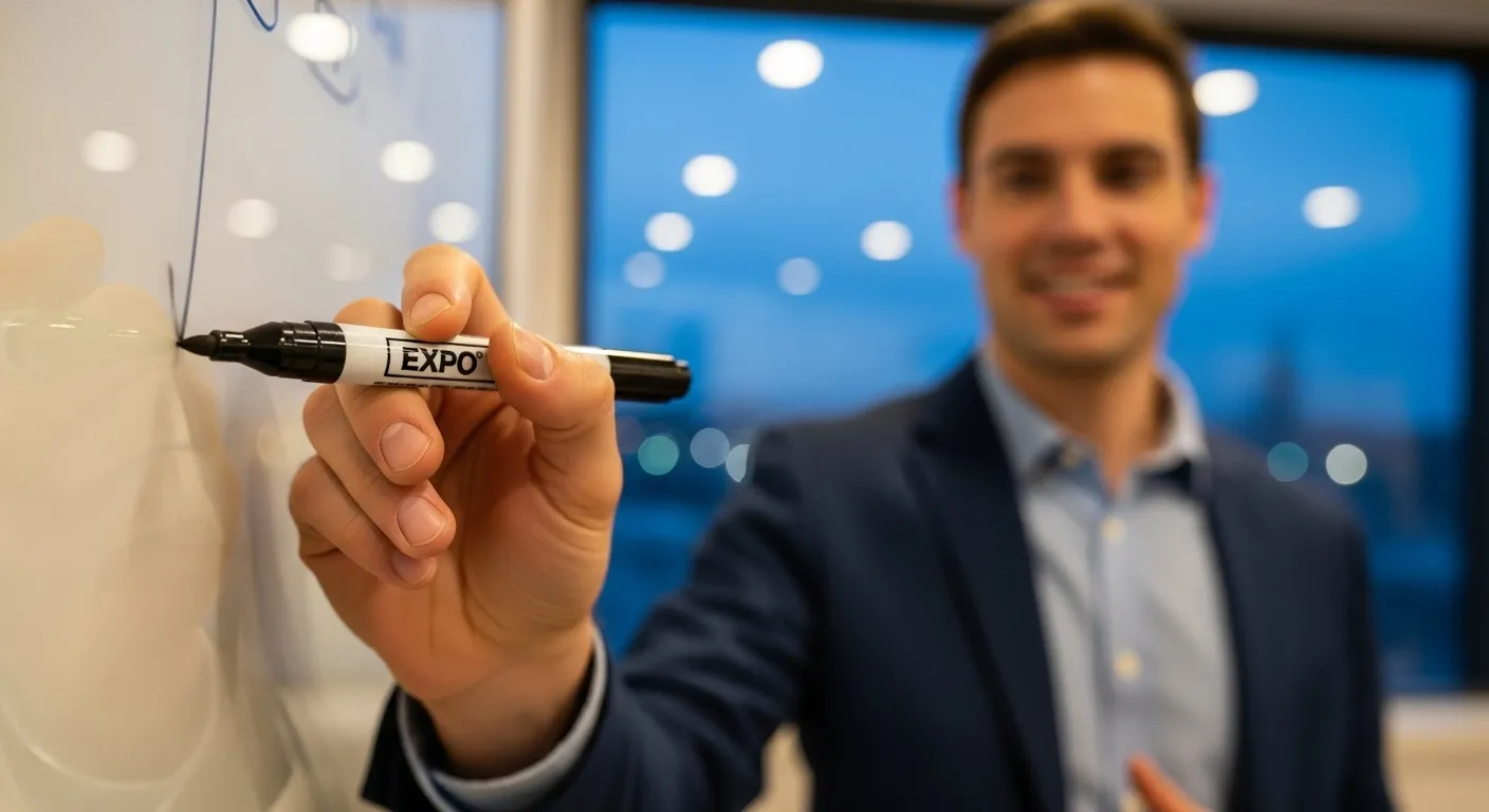 Extreme close-up of a hand holding a marker in front of a whiteboard, with the presenter's face blurred in the background of an office at dusk.