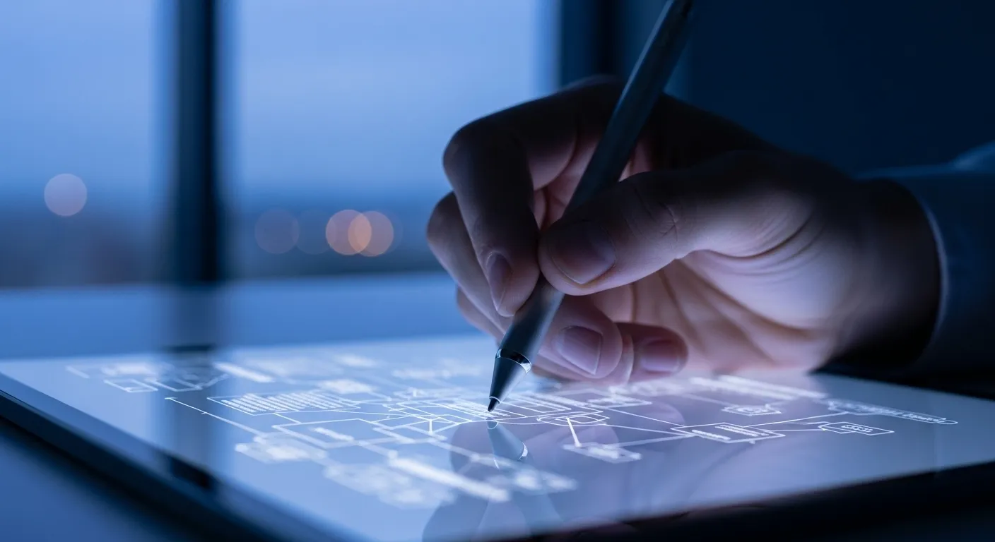 A close-up of a hand holding a stylus, drawing an abstract chart on a digital screen in a dimly lit office during dusk.