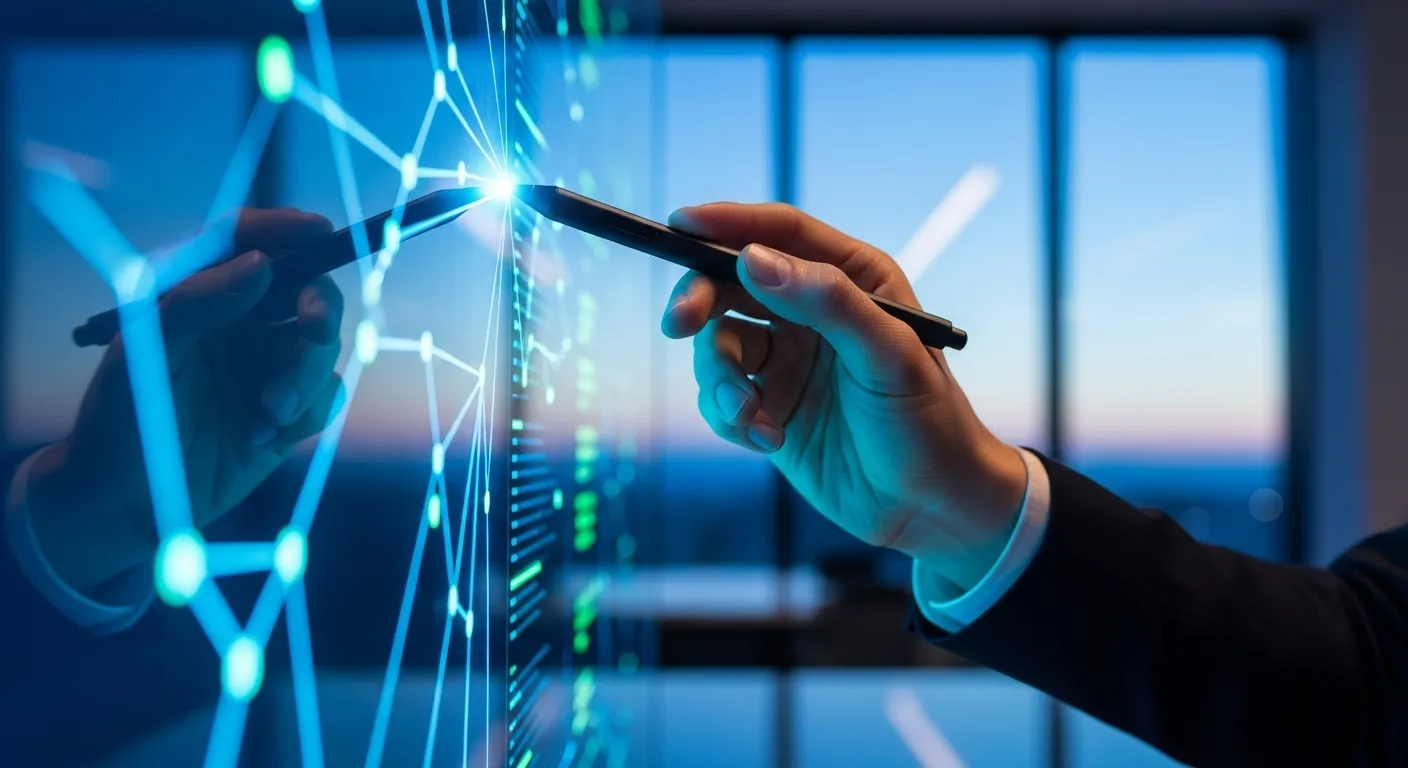 A close-up of a hand holding a stylus, pointing at a blurry chart on a screen during a business presentation at dusk.