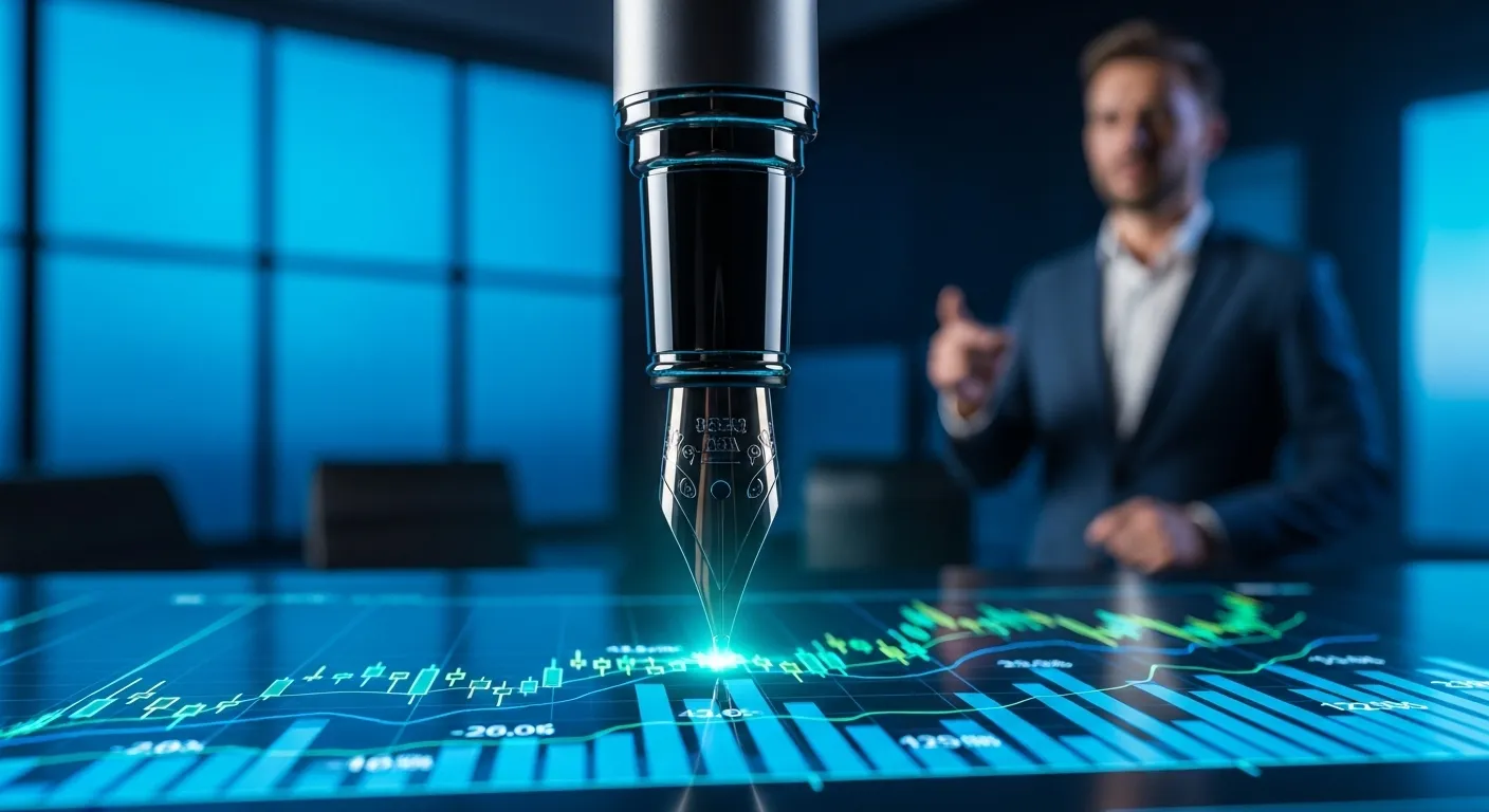 A close-up of a fountain pen poised over a glowing chart, with a person presenting in the blurred background of a modern office at dusk.