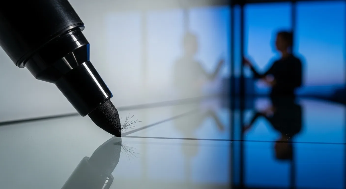 A close-up of a whiteboard marker tip on a glass board. In the background, a person presents in an office at dusk.