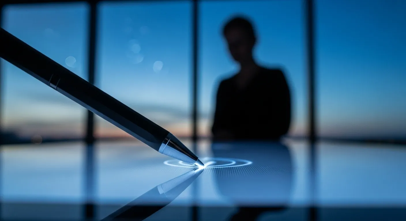 Close-up on a stylus tip touching a digital screen during a presentation, with the presenter's silhouette visible in the background at dusk.