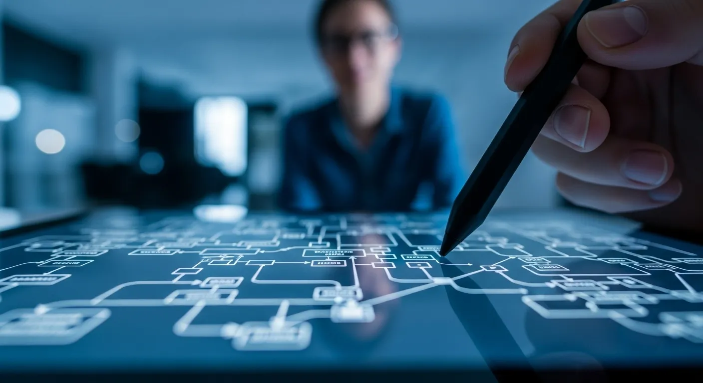 Macro shot of a stylus tip on a tablet screen. In the soft-focus background, a person presents in a modern office at dusk.