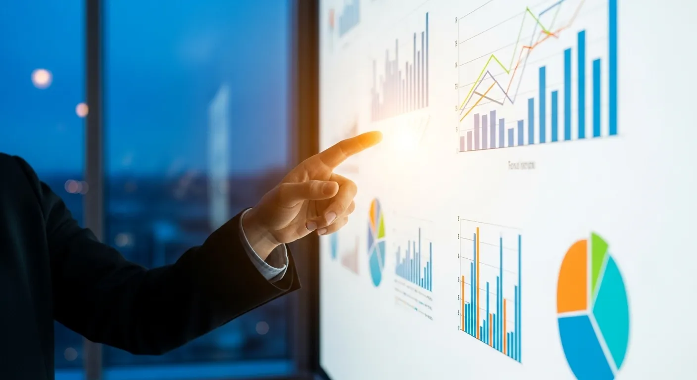 A close-up of a person's hand pointing at a glowing presentation screen in a modern office during the evening blue hour.