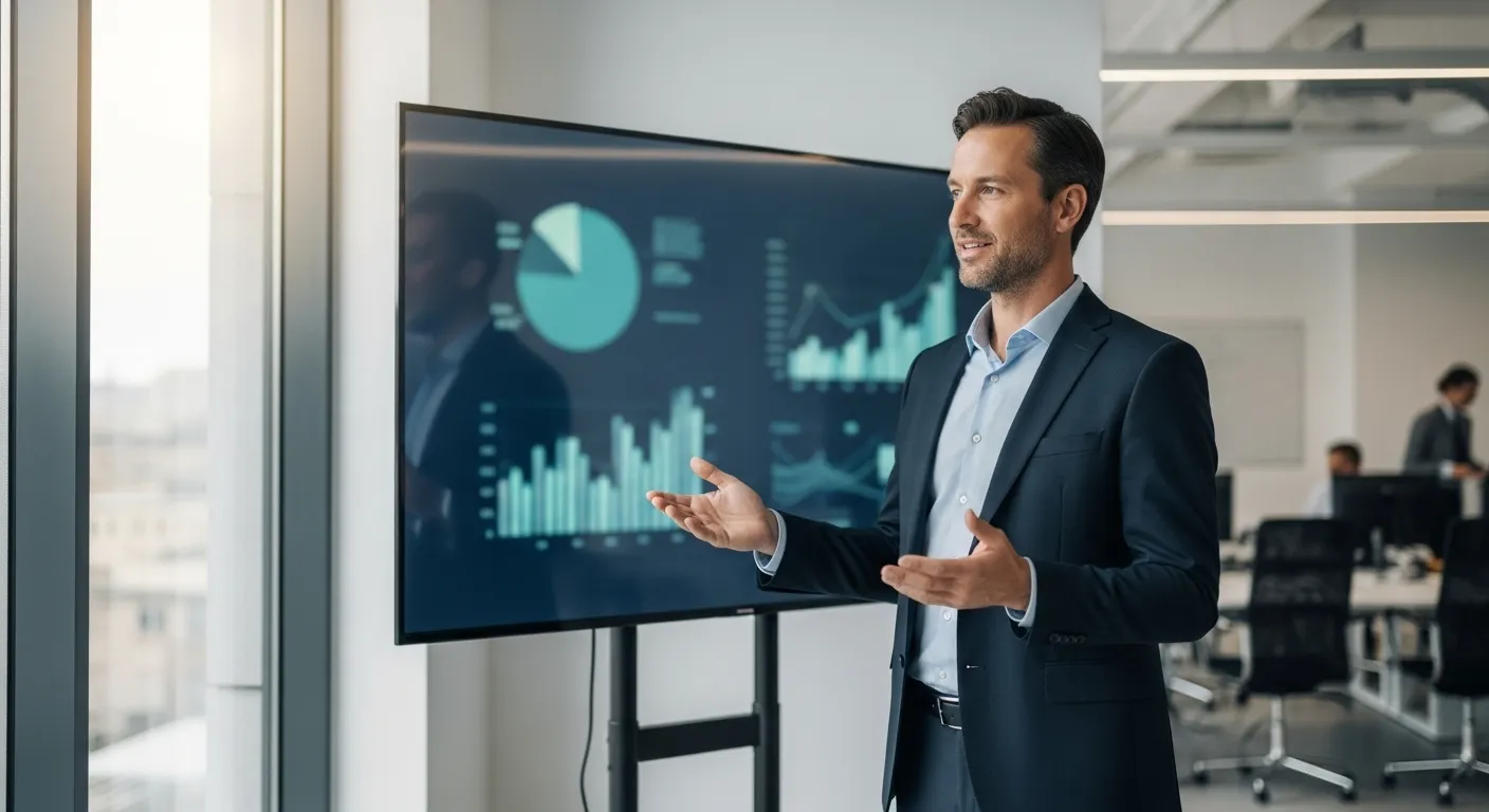 A person in business attire presents ideas in a modern meeting room, gesturing towards a screen with abstract data visualizations.